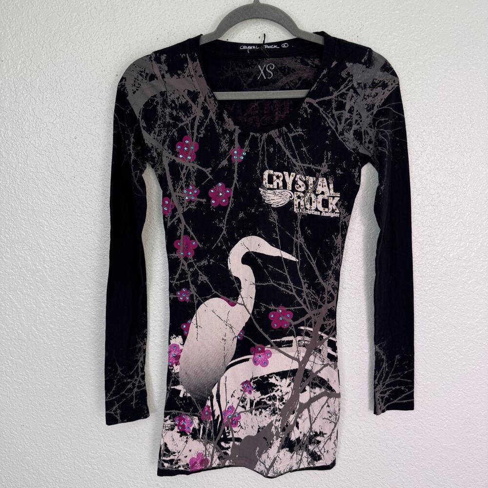 Christian Audigier Crystal Rock Top Women XS Y2K Crane Blossom Y2K Tunic T Shirt